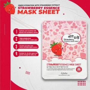Esfolio Strawberry Essence Mask – Hydrating Korean Sheet Mask with Strawberry Extract – Nourishing, Moisturizing, Skin Revitalizing Face Mask for Radiant - Image 3